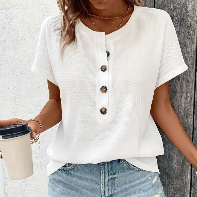 Women's Summer Large Solid Color Short Sleeve V-Neck T-Shirt - Casual Loose Fit with Three-Point Sleeves