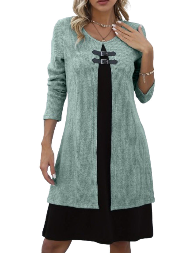 Contrast-Color A-Line Sweater Dress with Buckle Detail, Round Neck, Long Sleeves - Women's Fall/Winter Fashion