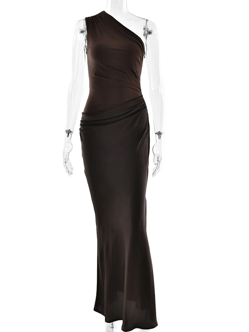 Elegant One-Shoulder Brown Satin Maxi Dress for Women - Sleeveless Evening and Summer Party Wear
