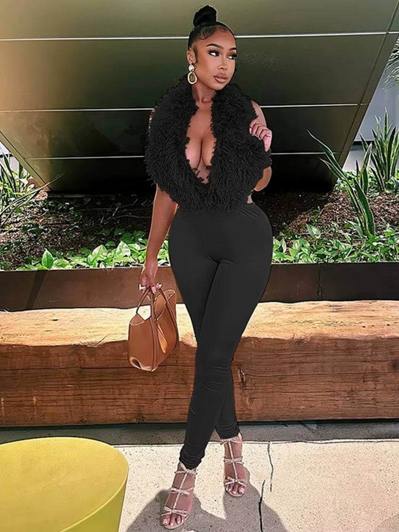 Hipster 2-Piece Set Women Plush Tassel Lace-Up Halter V-Neck Backless Vest+High Elasticity Trouser Sexy Midnight Suits