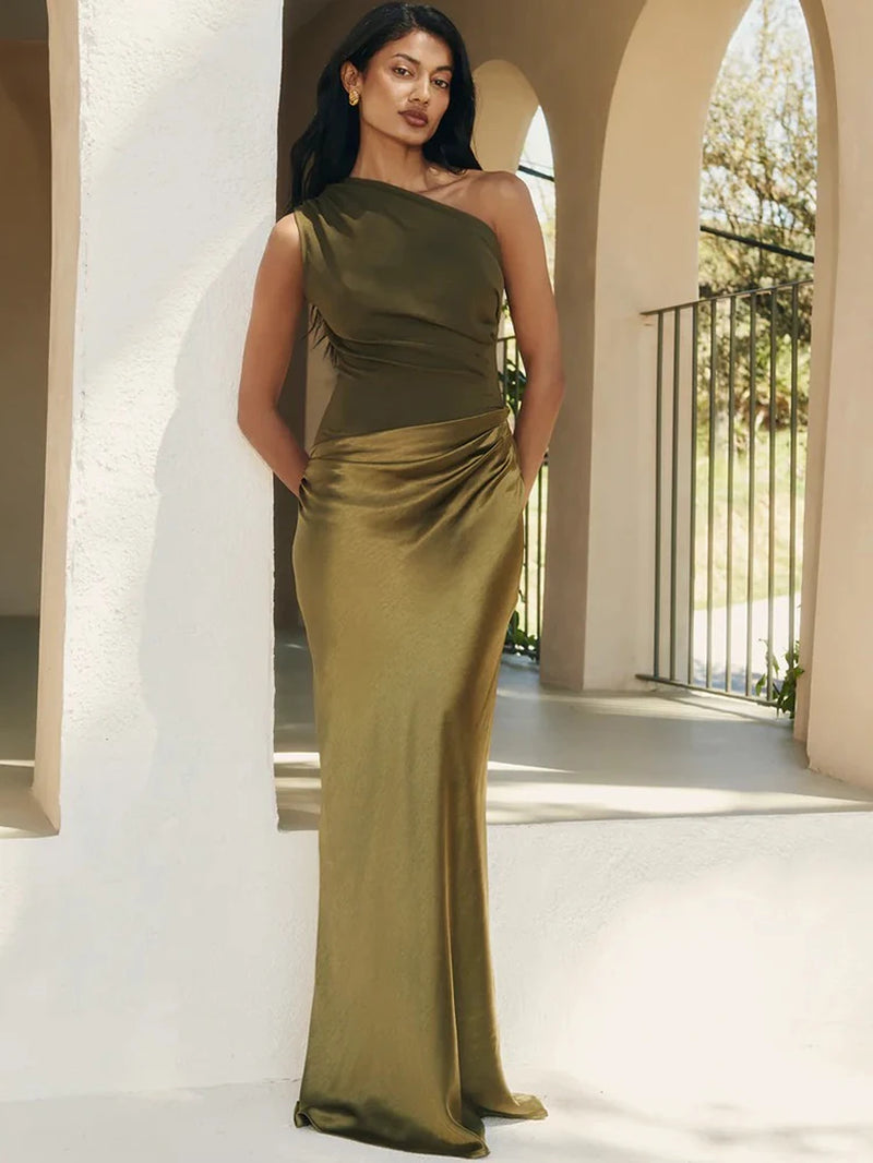 Elegant One-Shoulder Brown Satin Maxi Dress for Women - Sleeveless Evening and Summer Party Wear