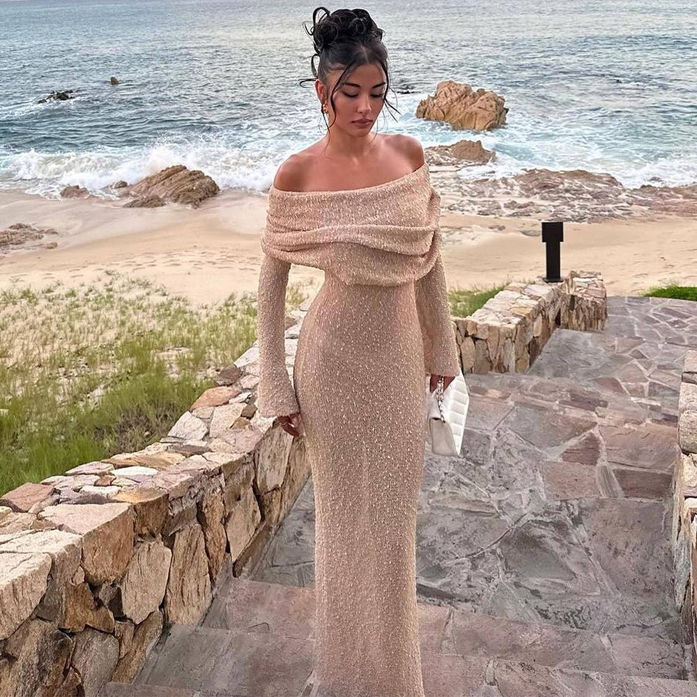 One-Shoulder Knitted Long-Sleeved Dress for Women - Elegant Beach Holiday Attire
