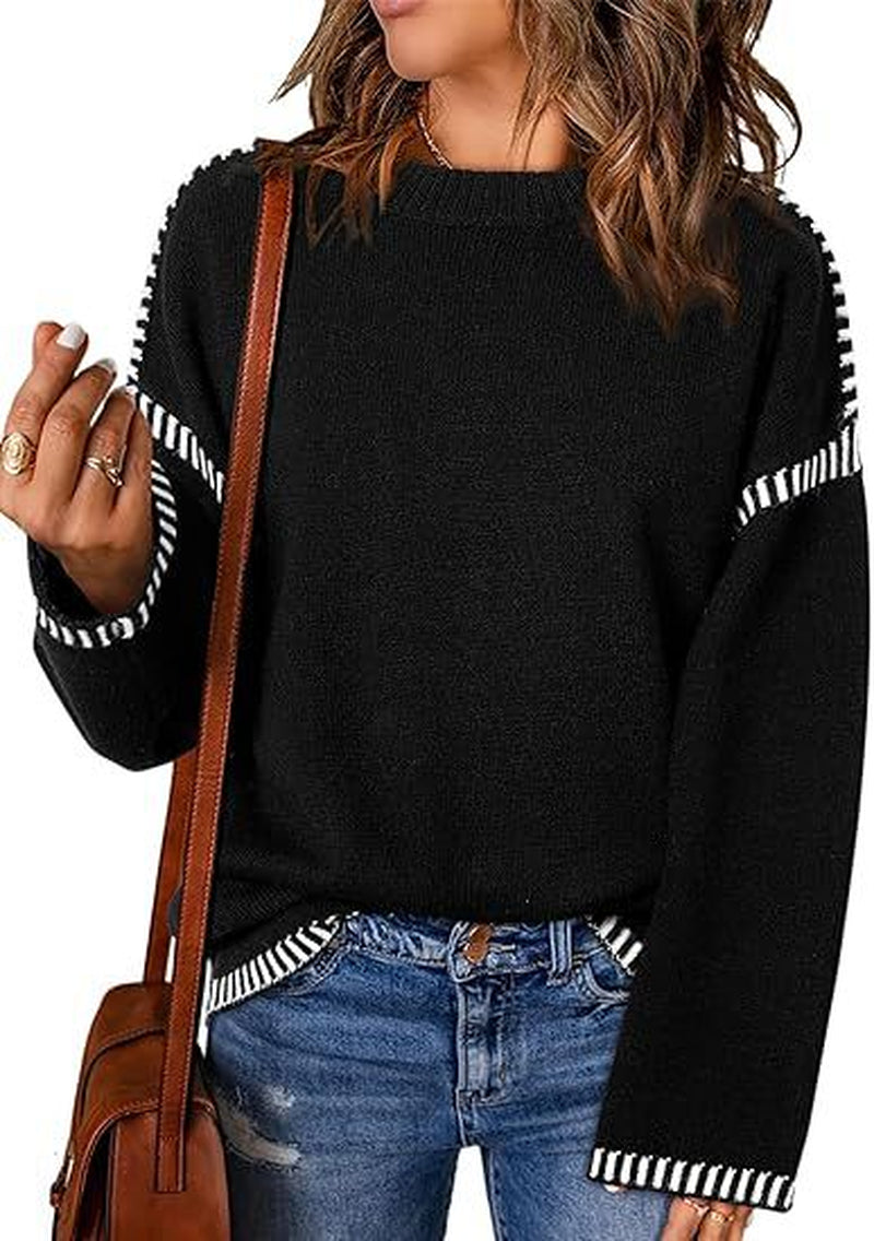 Women's Solid Round Neck Pullover Sweater - Loose Long Sleeve Top for Autumn and Winter