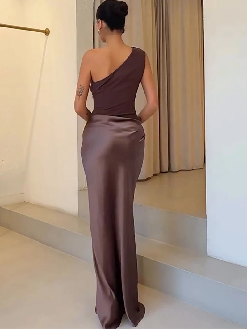 Elegant One-Shoulder Brown Satin Maxi Dress for Women - Sleeveless Evening and Summer Party Wear