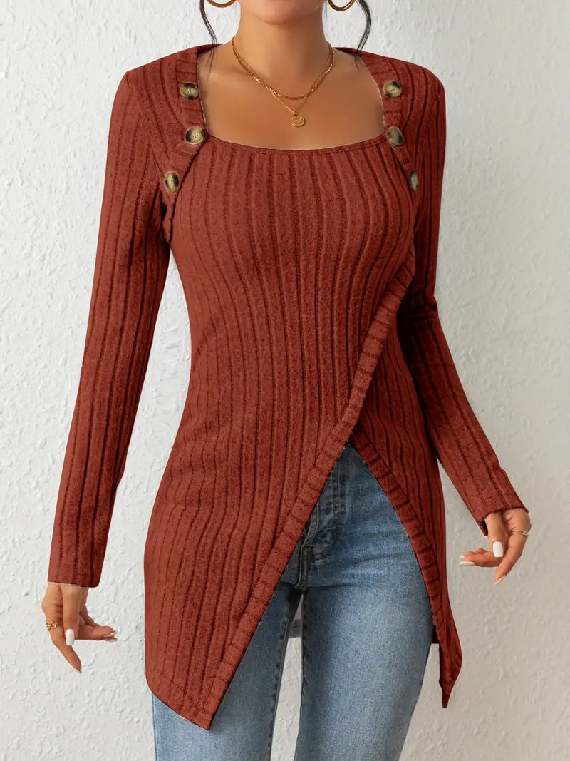 Square Collar Irregular Knit Long-Sleeve Top with Button Detail for Women