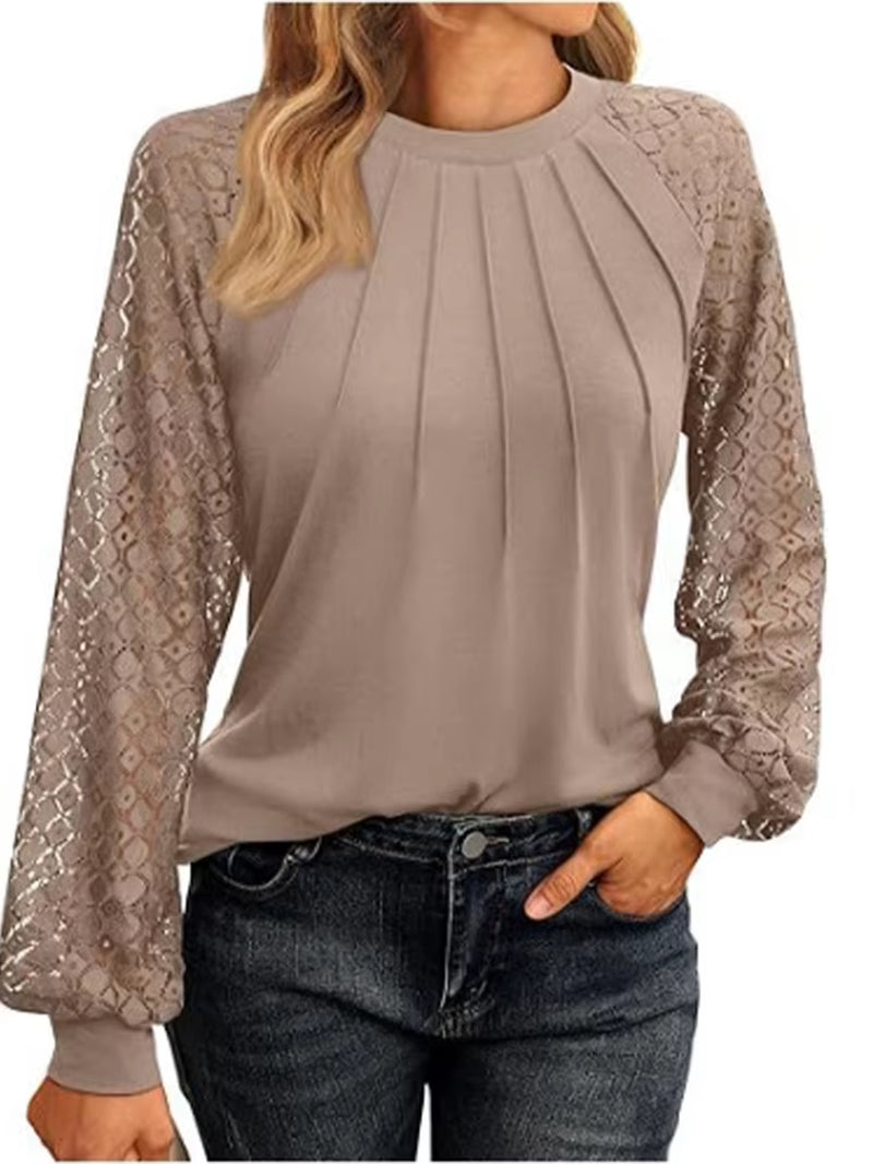 Elegant Lace Pleated Solid Color Blouse for Women - Round Neck Lantern Long Sleeves for Autumn Casual Wear
