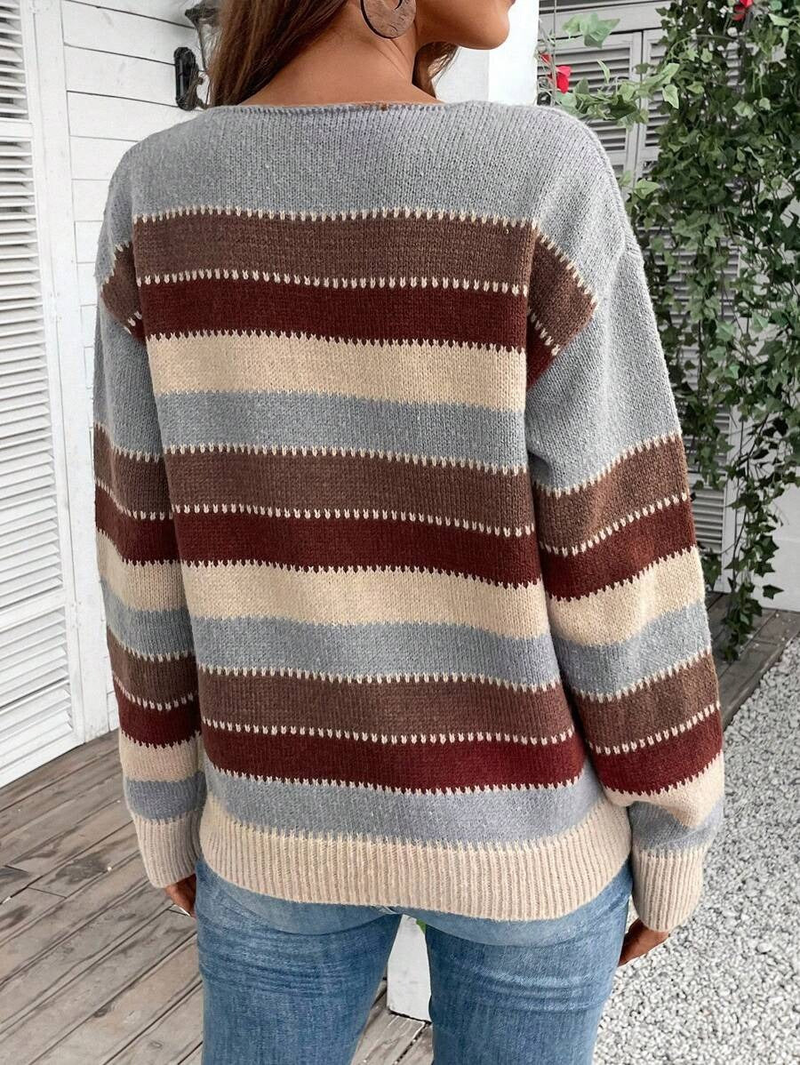 Colorblock Striped Pullover Sweater for Women - Casual Long Sleeve Top for Fall and Winter