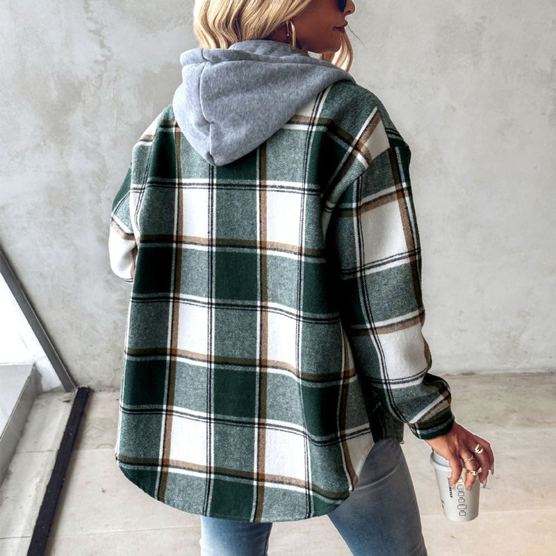 Plaid Hooded Jacket with Button Pockets for Women - Casual Autumn and Winter Outerwear