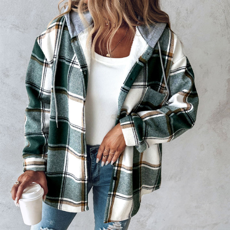Plaid Hooded Jacket with Button Pockets for Women - Casual Autumn and Winter Outerwear