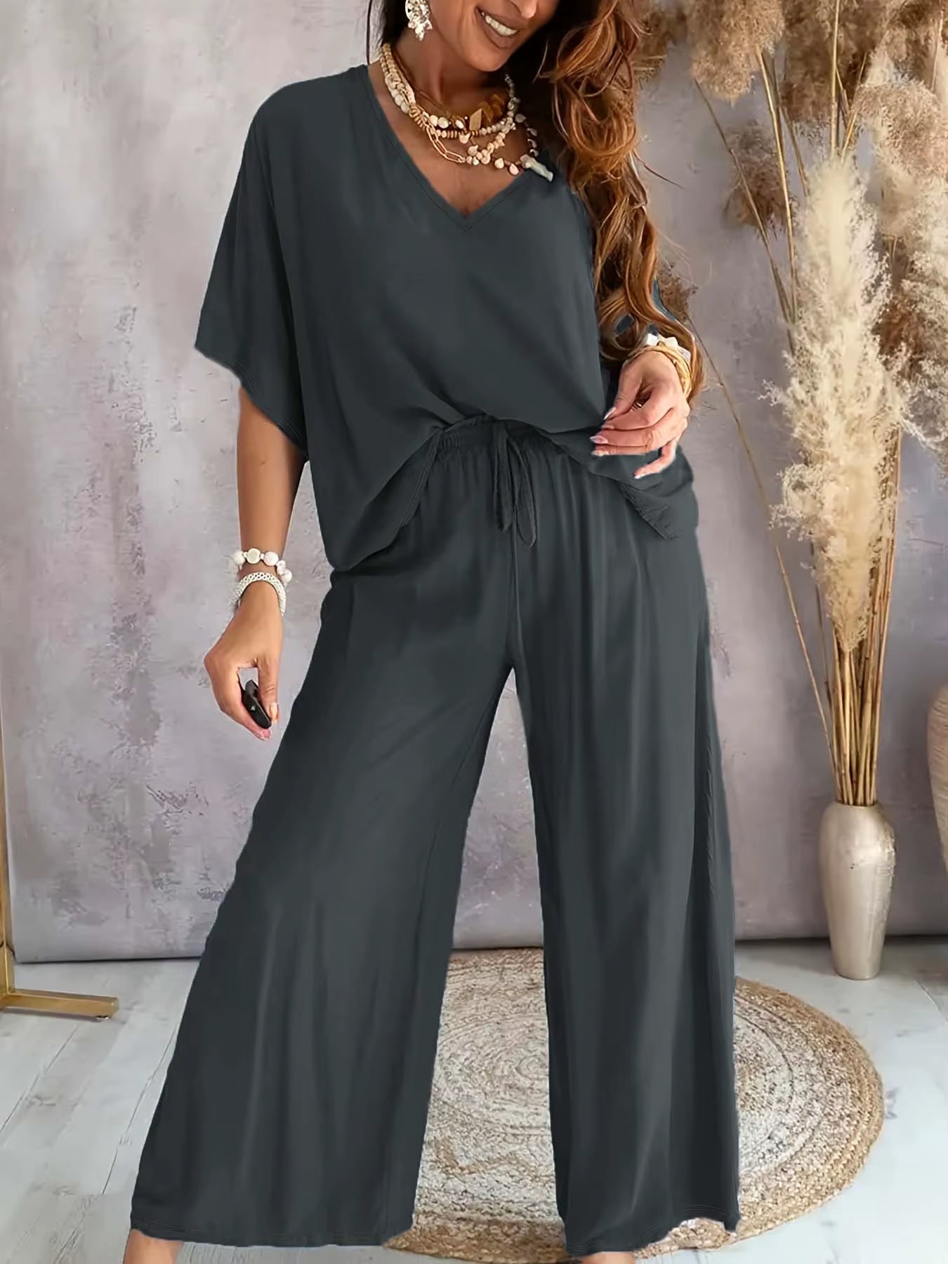 Cross Border Europe and America 2025V Collar Bat Sleeve Casual Loose Wide Leg Pants Set for Women