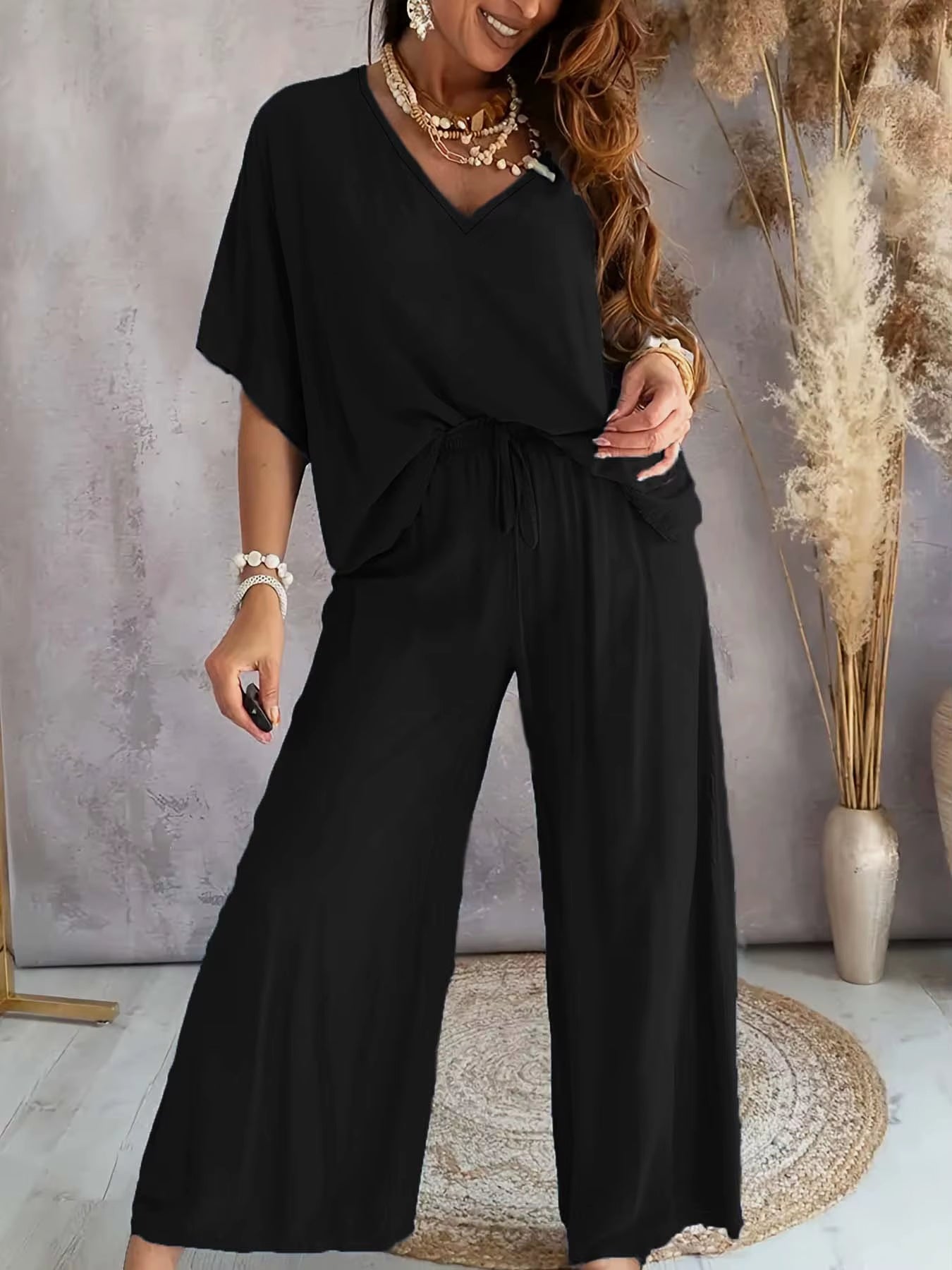 Cross Border Europe and America 2025V Collar Bat Sleeve Casual Loose Wide Leg Pants Set for Women