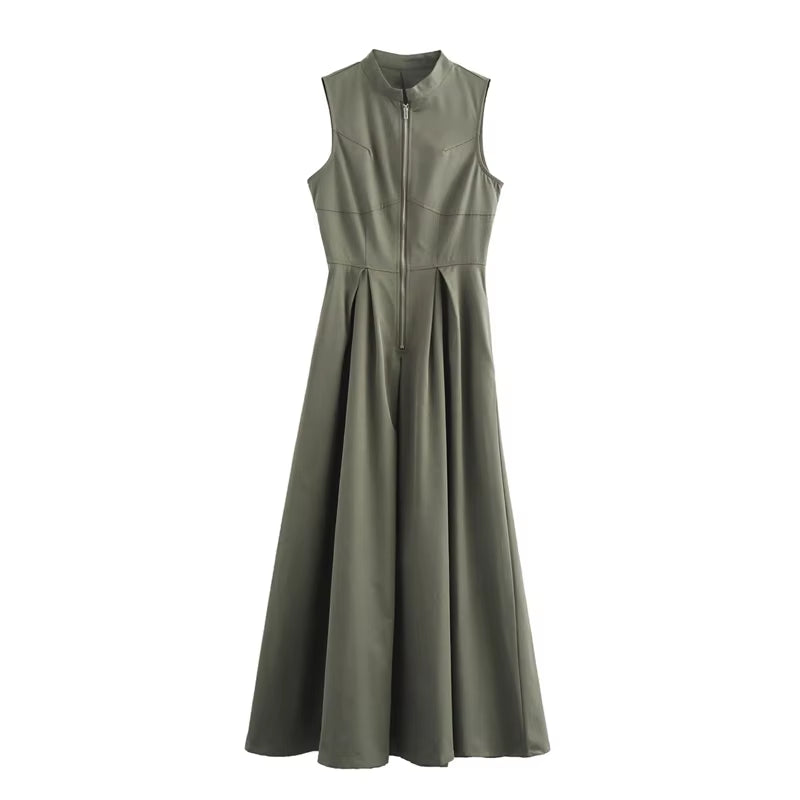 Elegant Sleeveless Pleated Zipper Midi Dress for Women - Summer Party Collection 2025