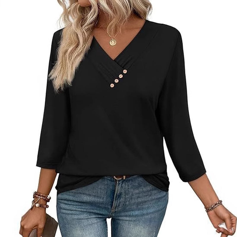 European and American Autumn Women's Button V-Neck Casual T-Shirt