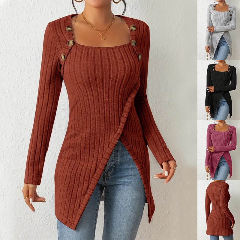 Square Collar Irregular Knit Long-Sleeve Top with Button Detail for Women