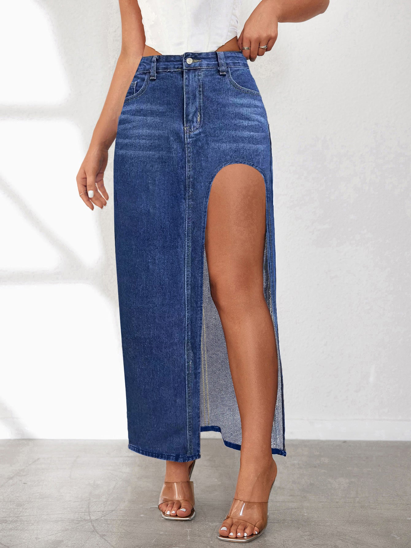 Washed Solid Color Midi Denim Skirt with High Slit for Women