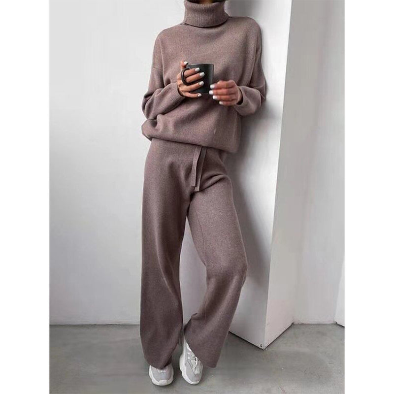 Casual Fashion Suits for Women Turtleneck Sweater and Drawstring Straight Pants