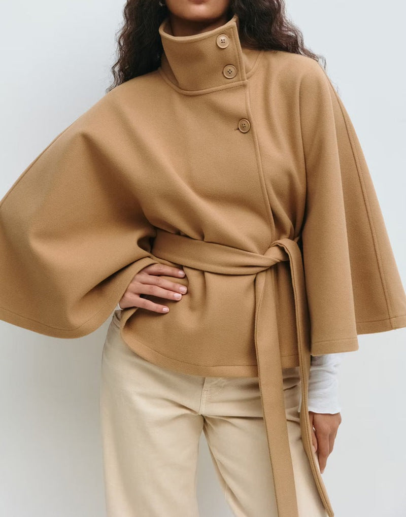 Elegant Women's Winter High Neck Batwing Sleeve Belted Trench Coat