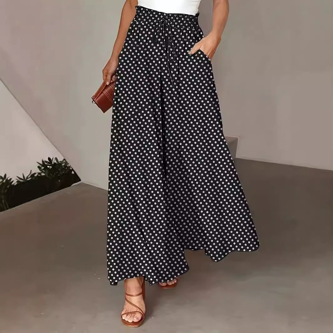 Polka Dot Print Wide-Leg Trousers with Elastic Waist for Women