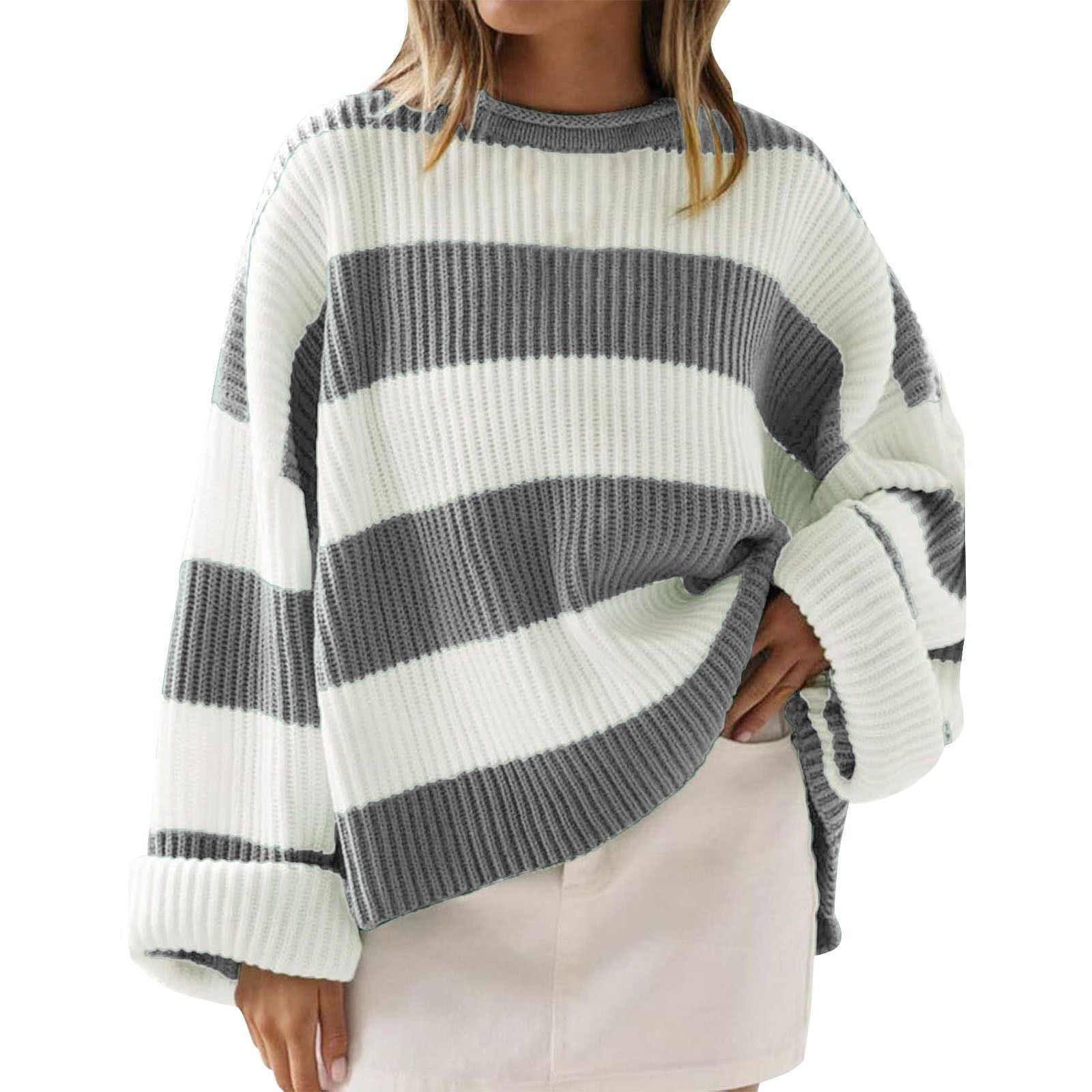 Women's Casual Long Batwing Sleeve Striped Knit Pullover Sweater