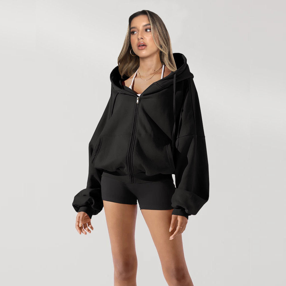 Women's Casual Solid Zipper Hoodie Sports Jacket