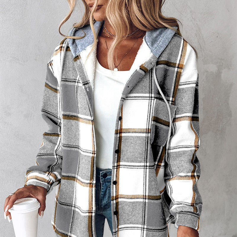 Plaid Hooded Jacket with Button Pockets for Women - Casual Autumn and Winter Outerwear