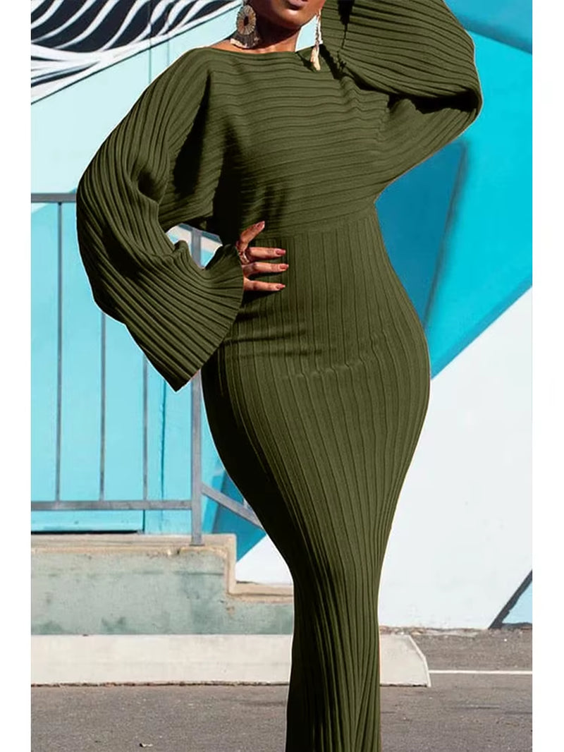 Women's Elegant Batwing Sleeve Knitted Rib Bodycon Dress with Round Neck - Casual Autumn Vintage Collection 2024