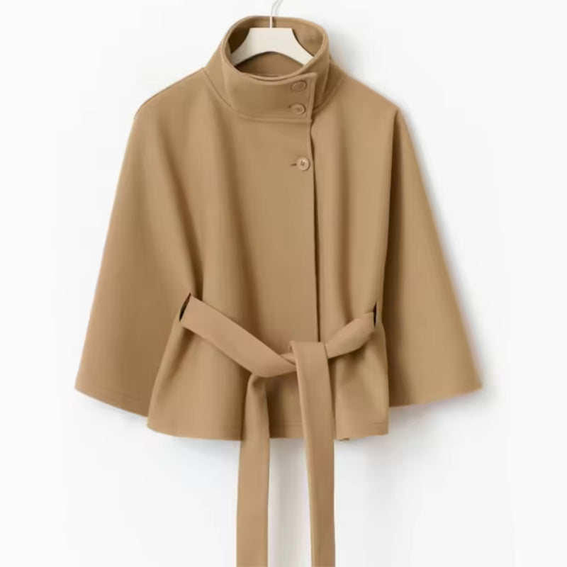 Elegant Women's Winter High Neck Batwing Sleeve Belted Trench Coat