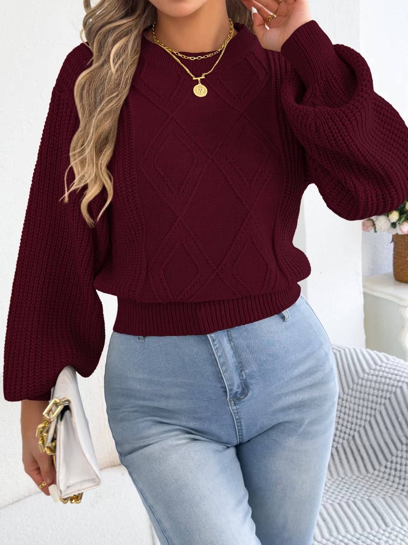 Women'S Solid Color round Neck Lantern Long Sleeve Knitted Sweaters for 2025 Autumn Winter Clothes Yellow Red Khaki