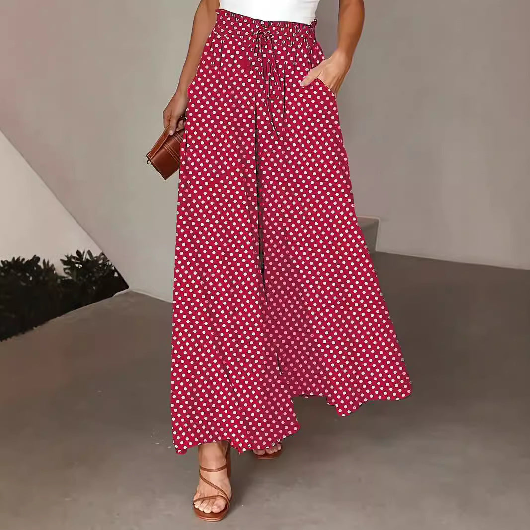 Polka Dot Print Wide-Leg Trousers with Elastic Waist for Women