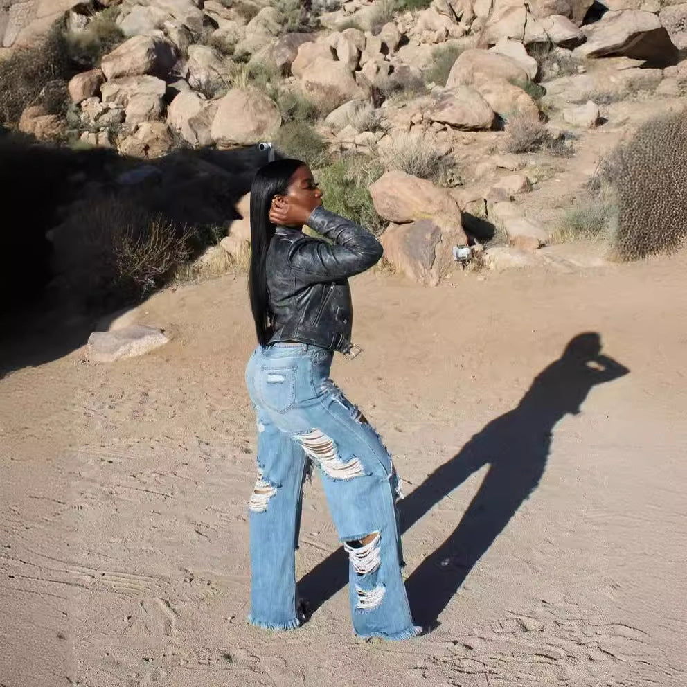 Women's Fashionable Burnt Ripped Denim Jeans