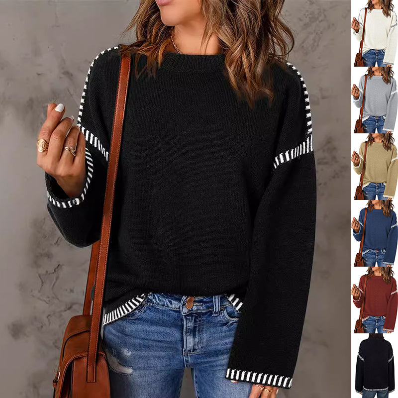 Women's Solid Round Neck Pullover Sweater - Loose Long Sleeve Top for Autumn and Winter