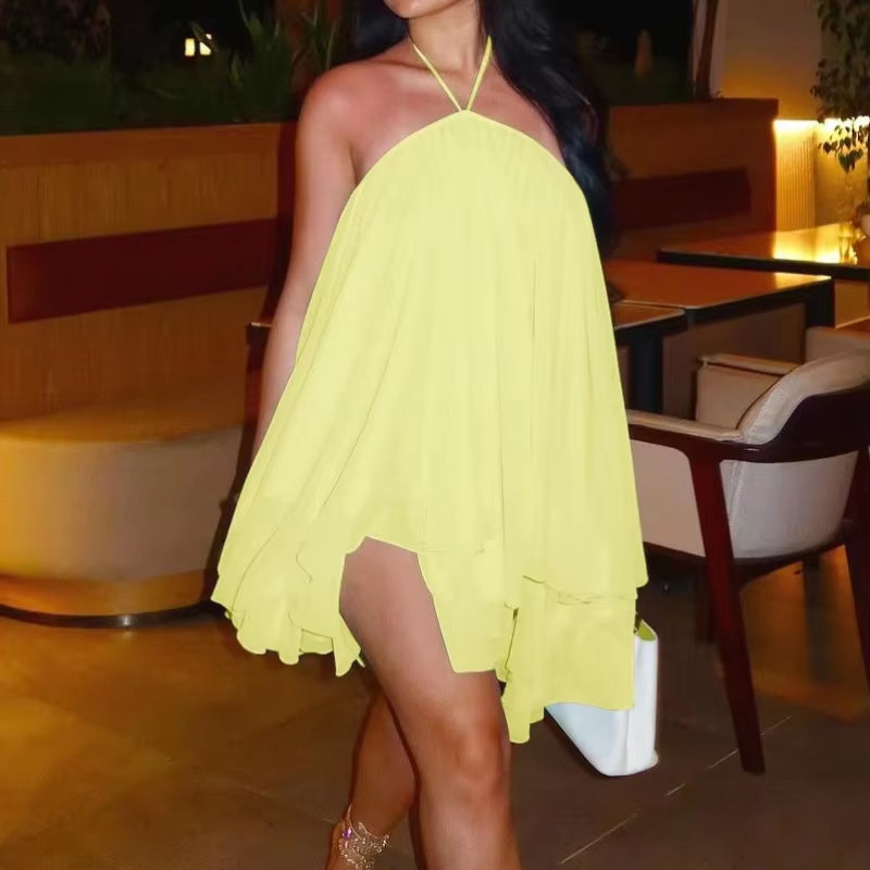 Elegant Halter Neck Ruffled Short Dress for Women - Loose-Fitting Solid Strapless Sleeveless Backless Design for Summer Beach Vacation 2025