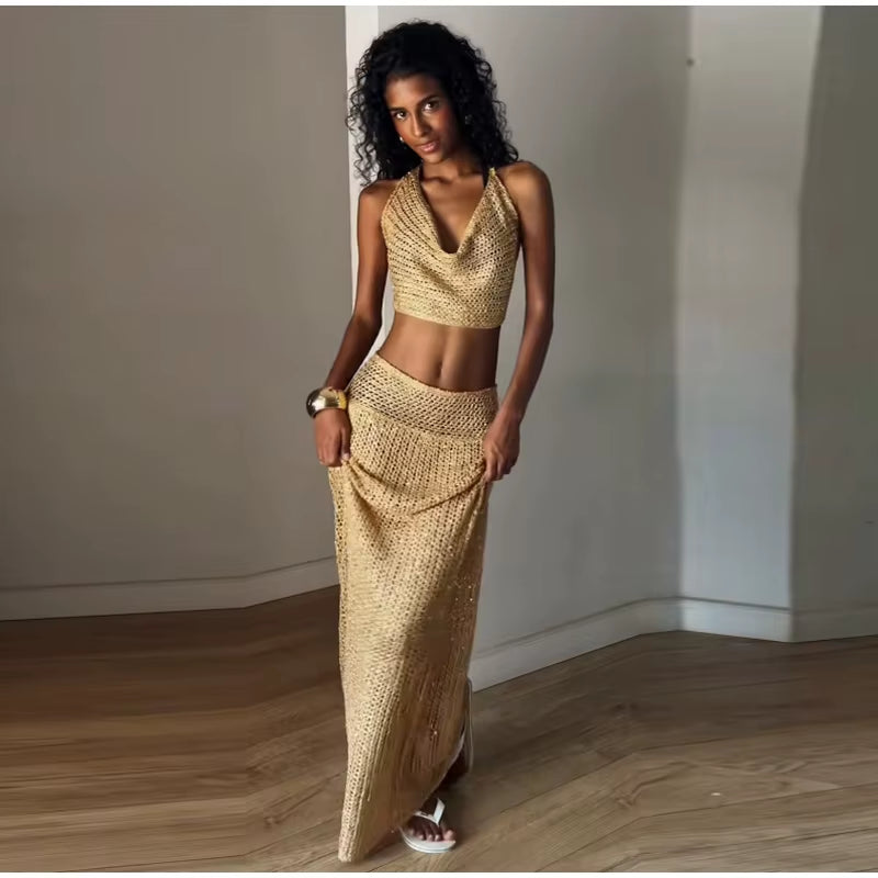 Elegant Knitted Halter Top and Long Skirt Set for Women - Sleeveless Backless Lace-Up Crop Top with Bodycon Skirt - Summer Beach Outfit 2026