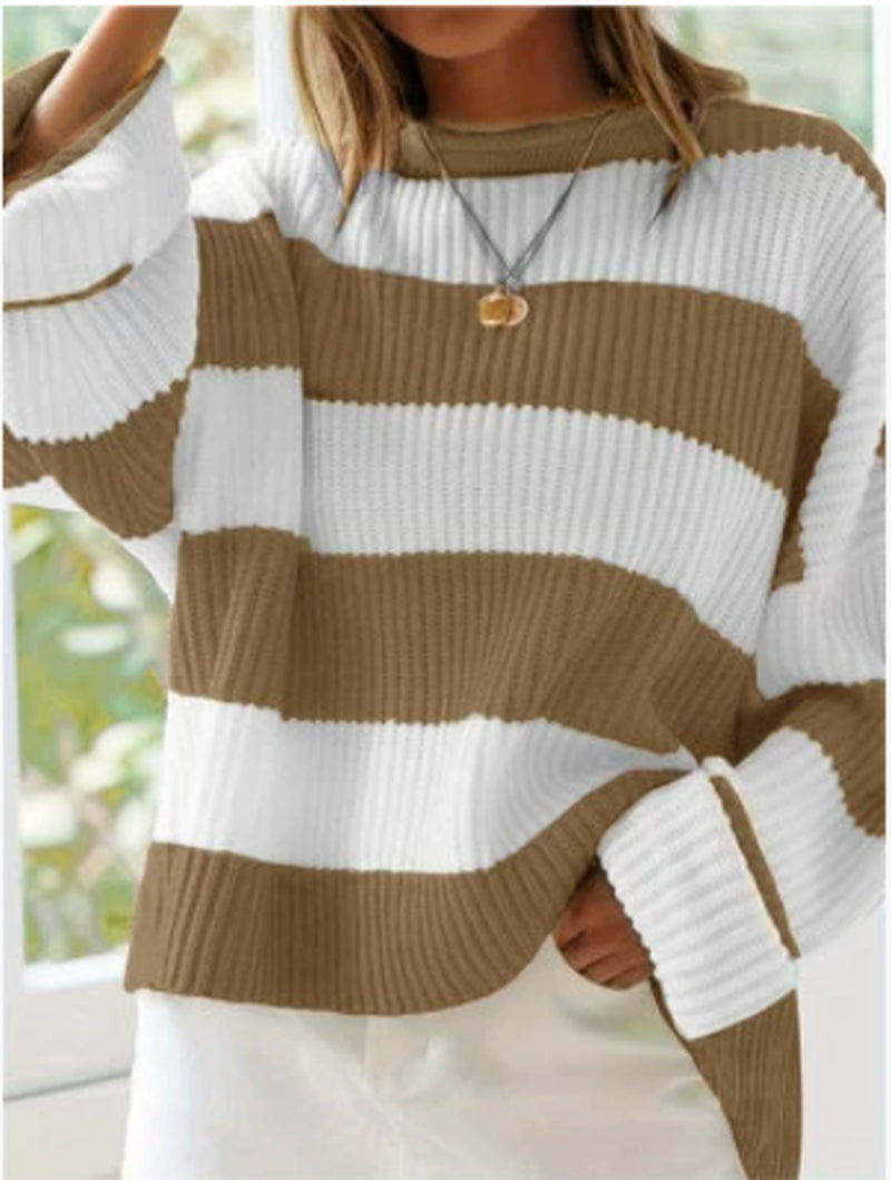 Women's Casual Long Batwing Sleeve Striped Knit Pullover Sweater