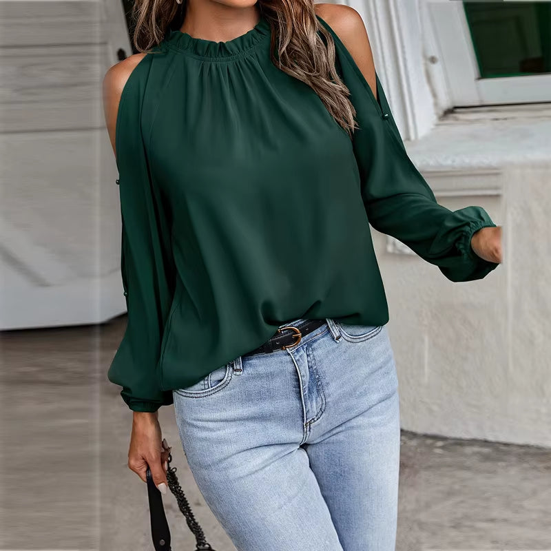 Women's Pleated Off-Shoulder Top with Lotus Leaf Design in Clean Autumn and Winter Colors
