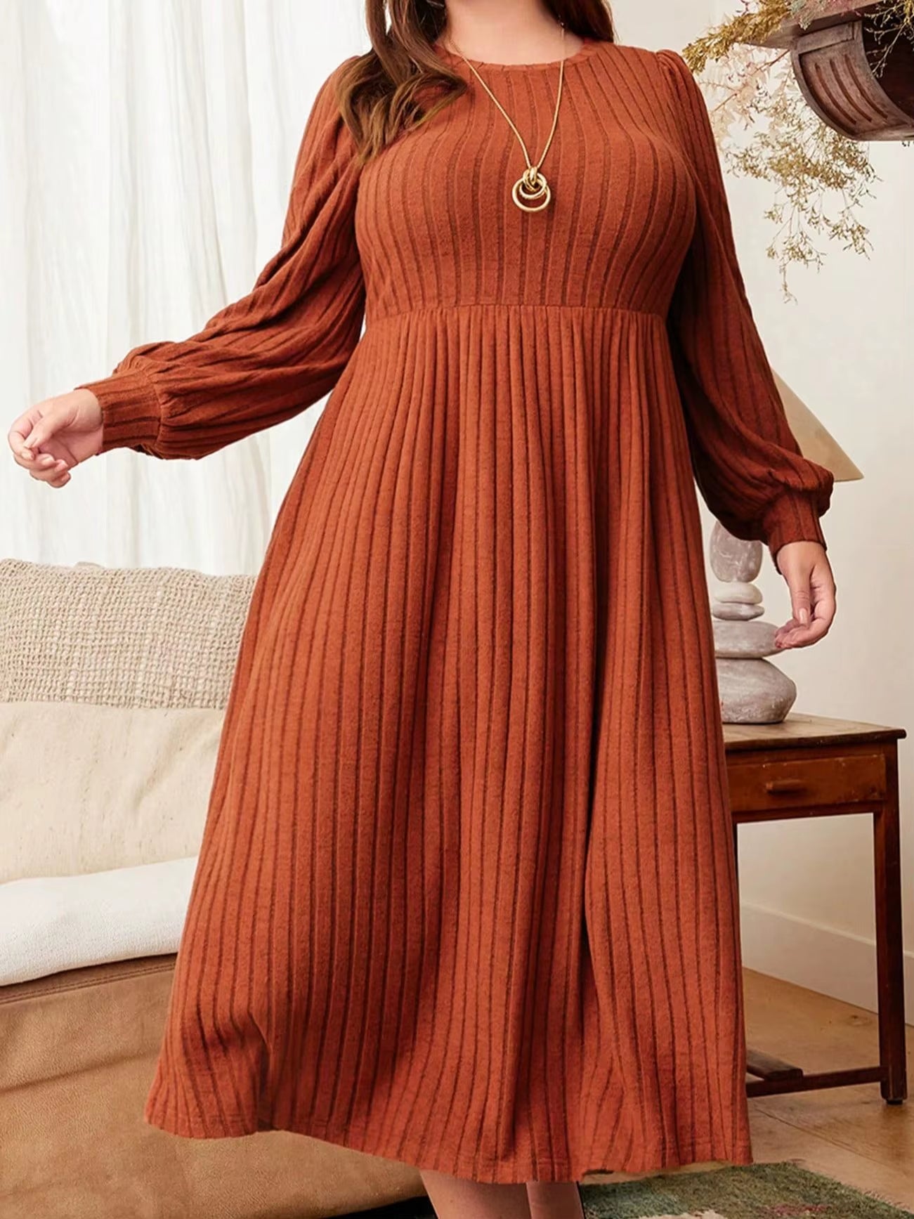 Plus Size Women's Solid Color Long Sleeve Maxi Dress for Autumn and Winter