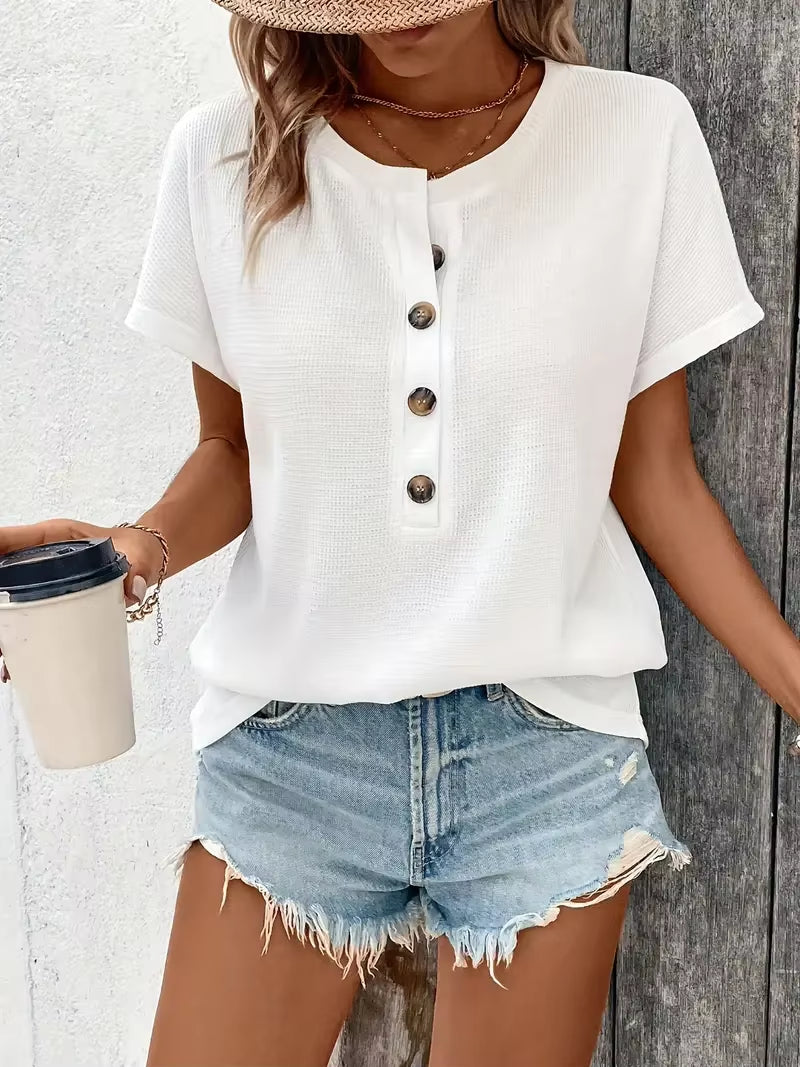 Women's Summer Large Solid Color Short Sleeve V-Neck T-Shirt - Casual Loose Fit with Three-Point Sleeves