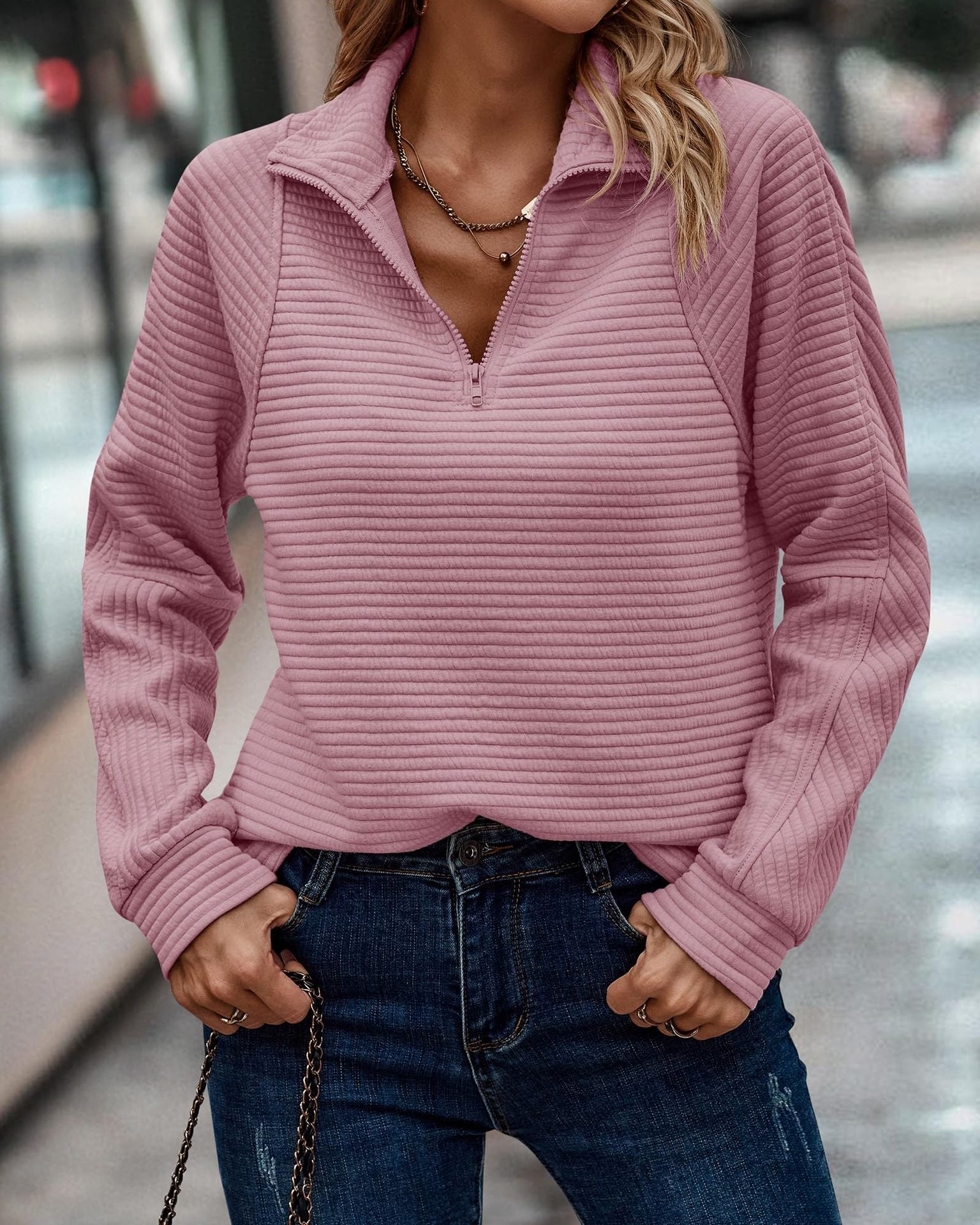 Zipper Stand Collar Pullover Sweatshirt for Women - Solid and Striped Long Sleeve Top for Spring and Autumn