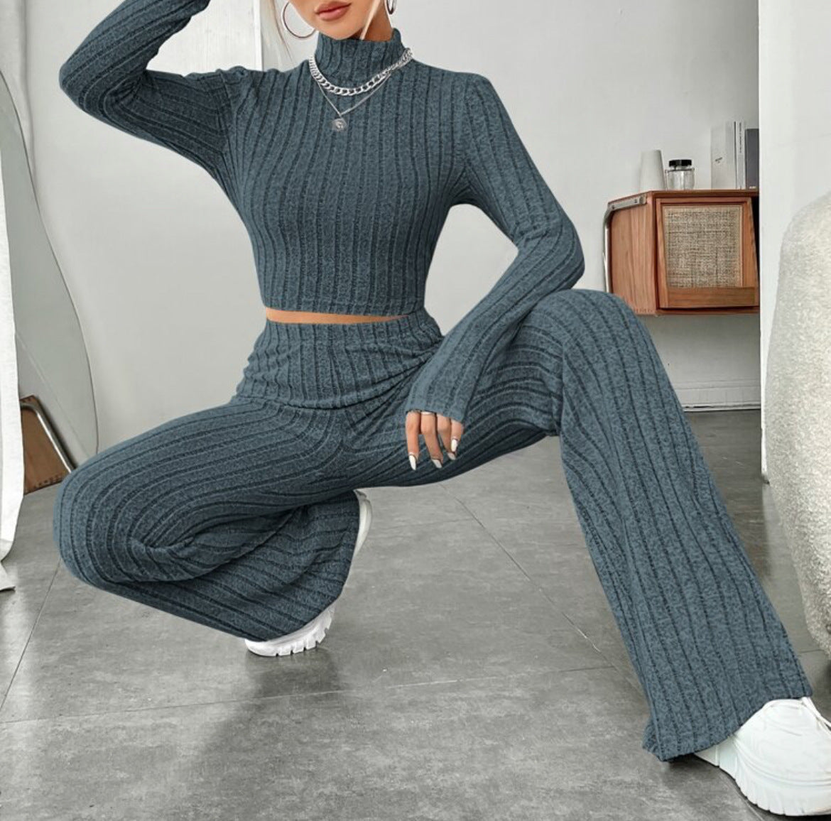 Long Sleeve Turtlenecks Wide Leg High Waist Trousers Suit