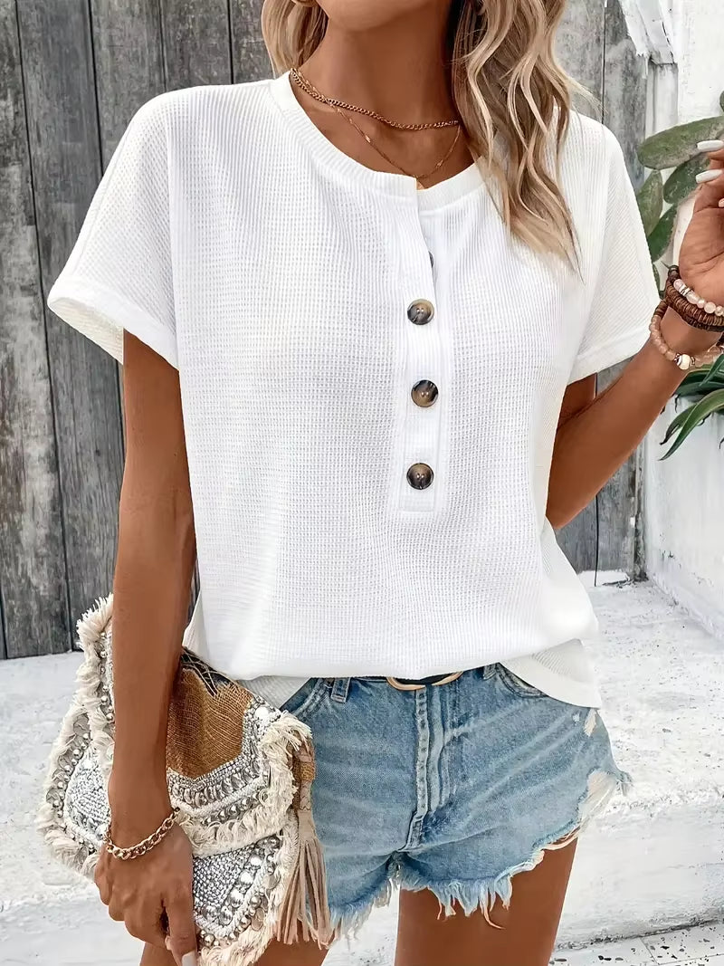 Women's Summer Large Solid Color Short Sleeve V-Neck T-Shirt - Casual Loose Fit with Three-Point Sleeves