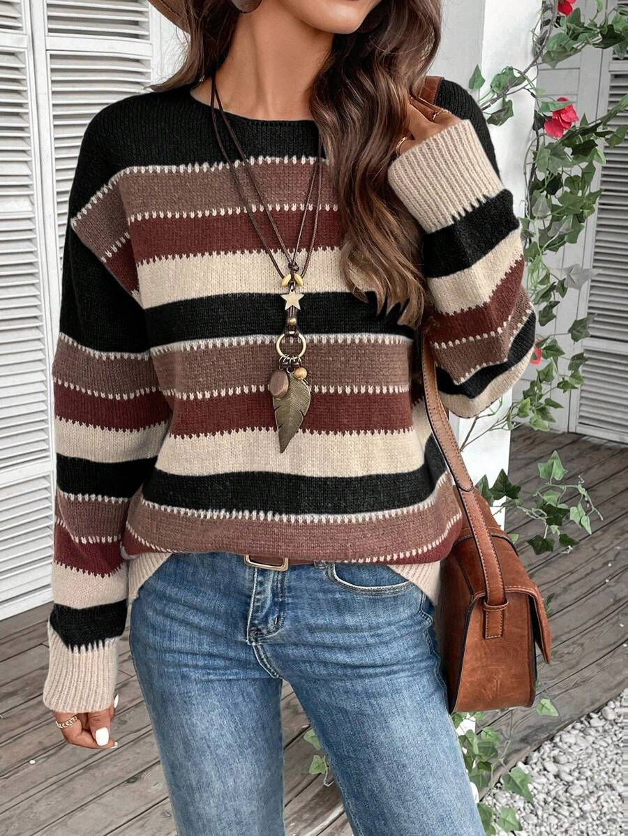 Colorblock Striped Pullover Sweater for Women - Casual Long Sleeve Top for Fall and Winter