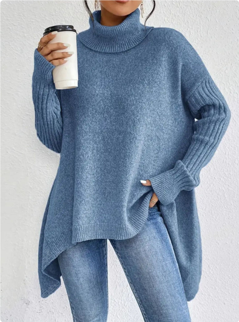 Irregular Turtleneck Loose-Fit Knitted Sweater for Women - Long Sleeve Winter Pullover