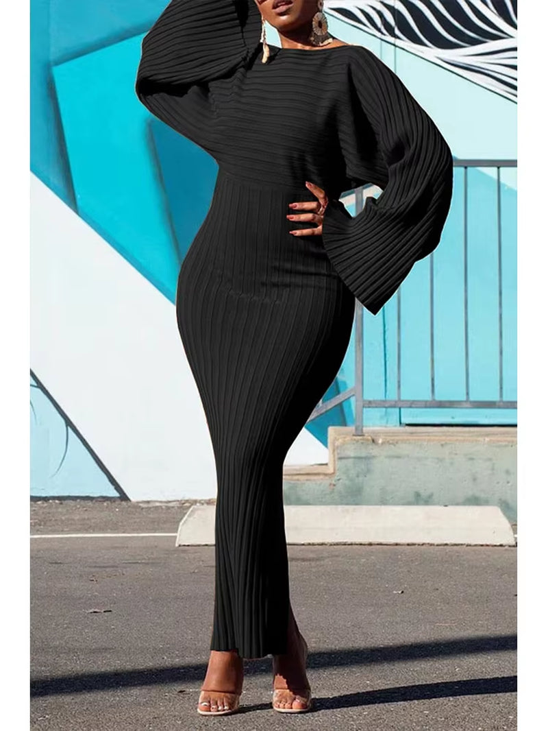 Women's Elegant Batwing Sleeve Knitted Rib Bodycon Dress with Round Neck - Casual Autumn Vintage Collection 2024
