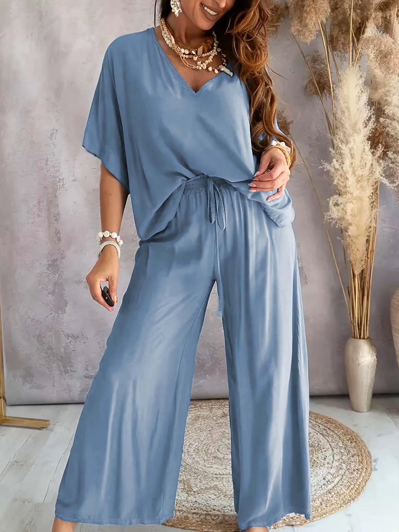 Cross Border Europe and America 2025V Collar Bat Sleeve Casual Loose Wide Leg Pants Set for Women