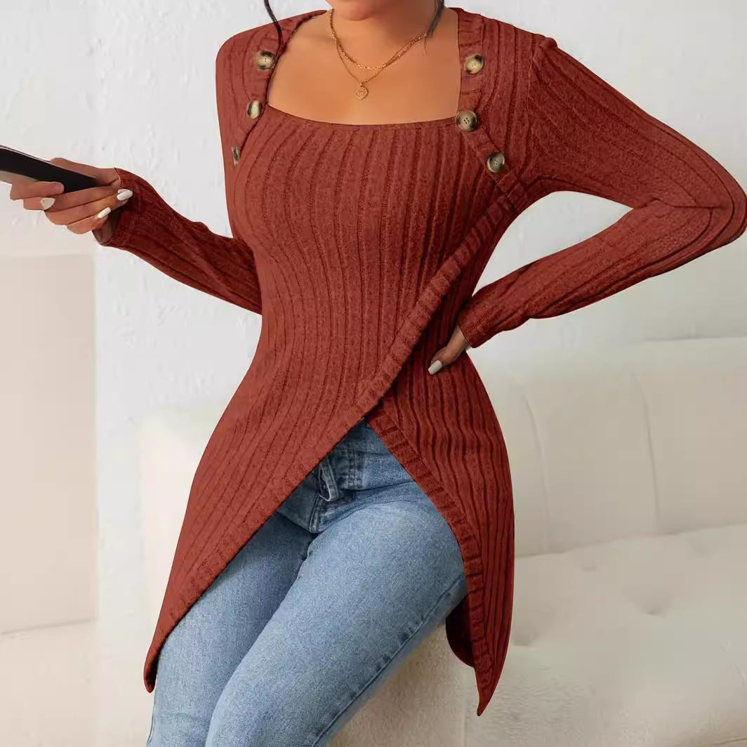 Square Collar Irregular Knit Long-Sleeve Top with Button Detail for Women