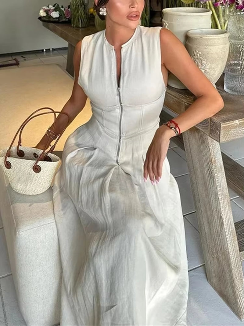 Elegant Sleeveless Pleated Zipper Midi Dress for Women - Summer Party Collection 2025