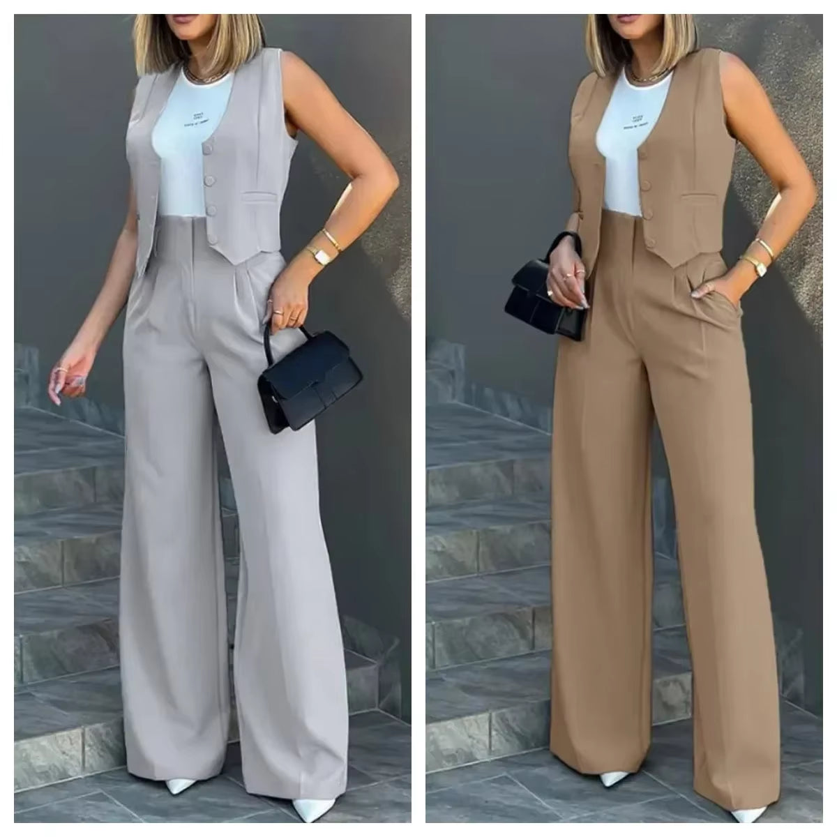 Stylish Women Commuting Vest Tops High Waist Wide Leg Pants 2024 Spring Autumn V Neck Sleeveless Button Regular Work Pants Set