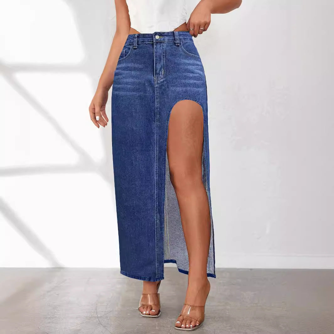 Washed Solid Color Midi Denim Skirt with High Slit for Women