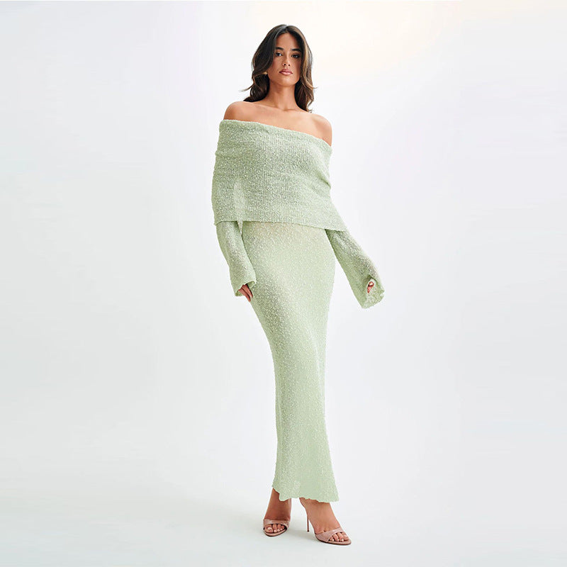 One-Shoulder Knitted Long-Sleeved Dress for Women - Elegant Beach Holiday Attire