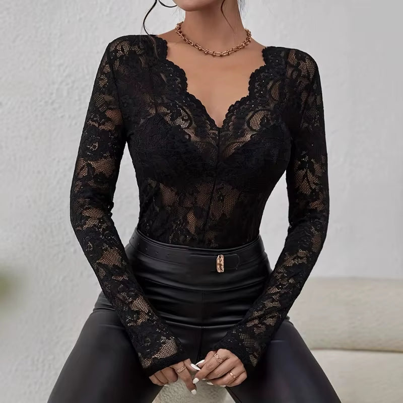 Women's Sheer Lace Base Layer Top with Scallop Trim and V-Neck - Long Sleeve Slim Fit in Solid Black